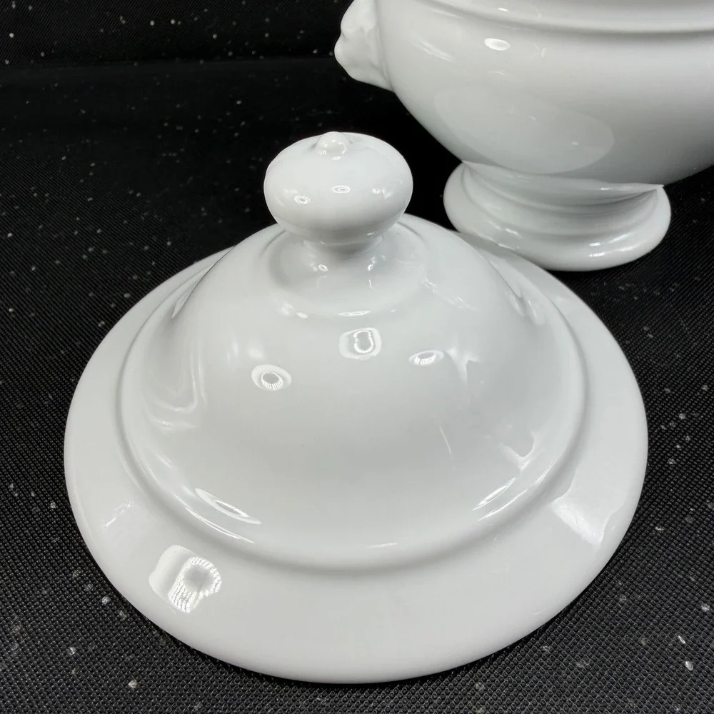 Apilco France White Porcelain Lion Head Dish w Lid Footed Bowl Container Jar